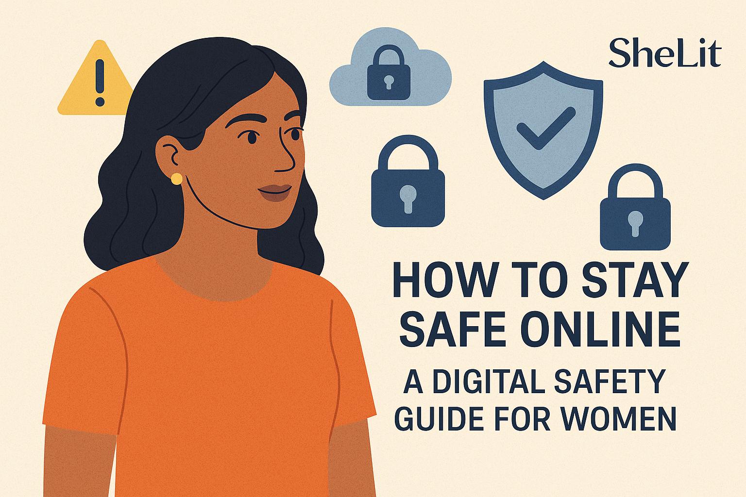 Illustration of a south asian woman with cybersecurity icons and shield, representing online safety foe women, created for shelit's digital safety guide.