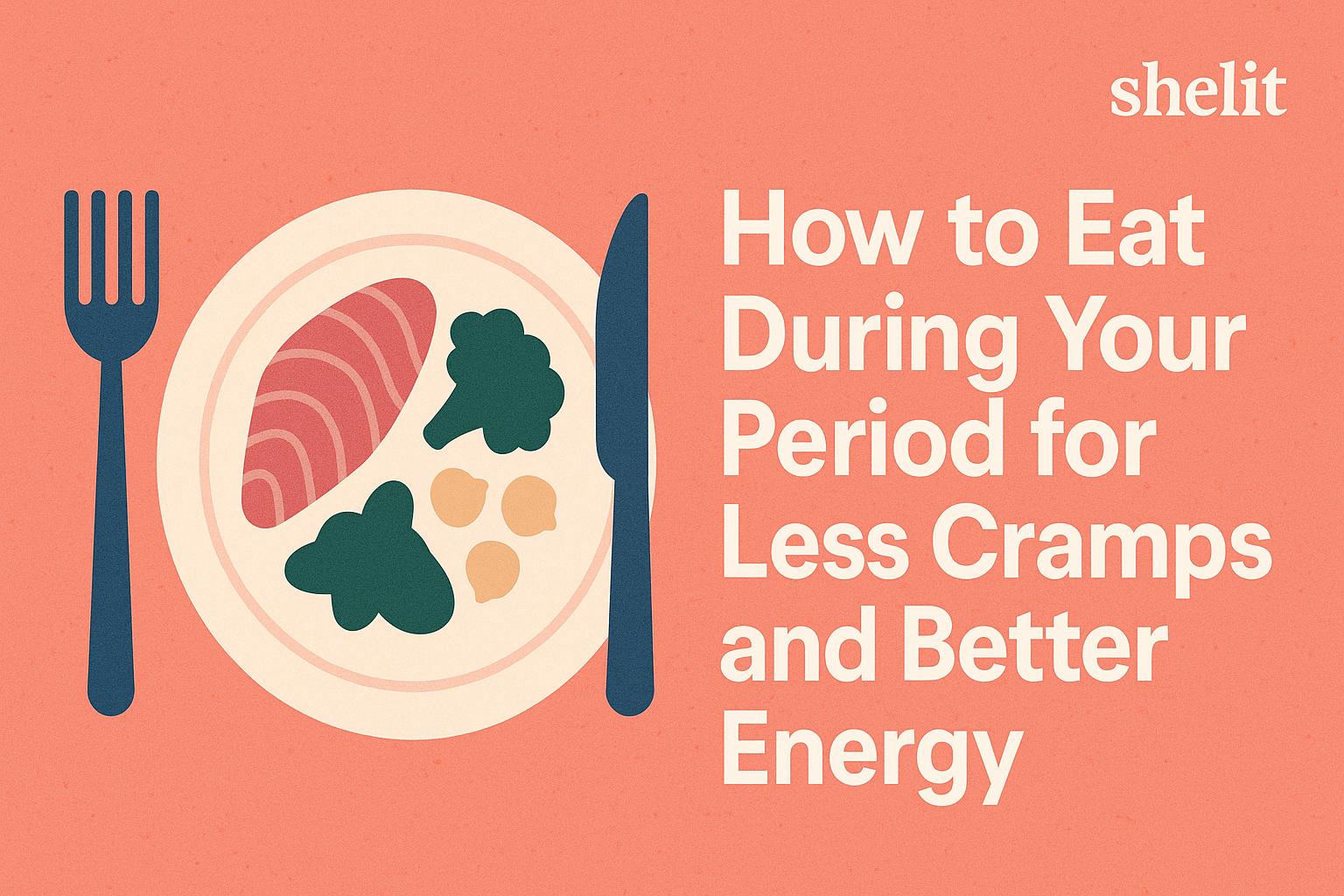 illustration of a healthy plate with salmon,greens, and chickpeas with the title " how to eat during your period for less cramps and better energy" and shelit branding