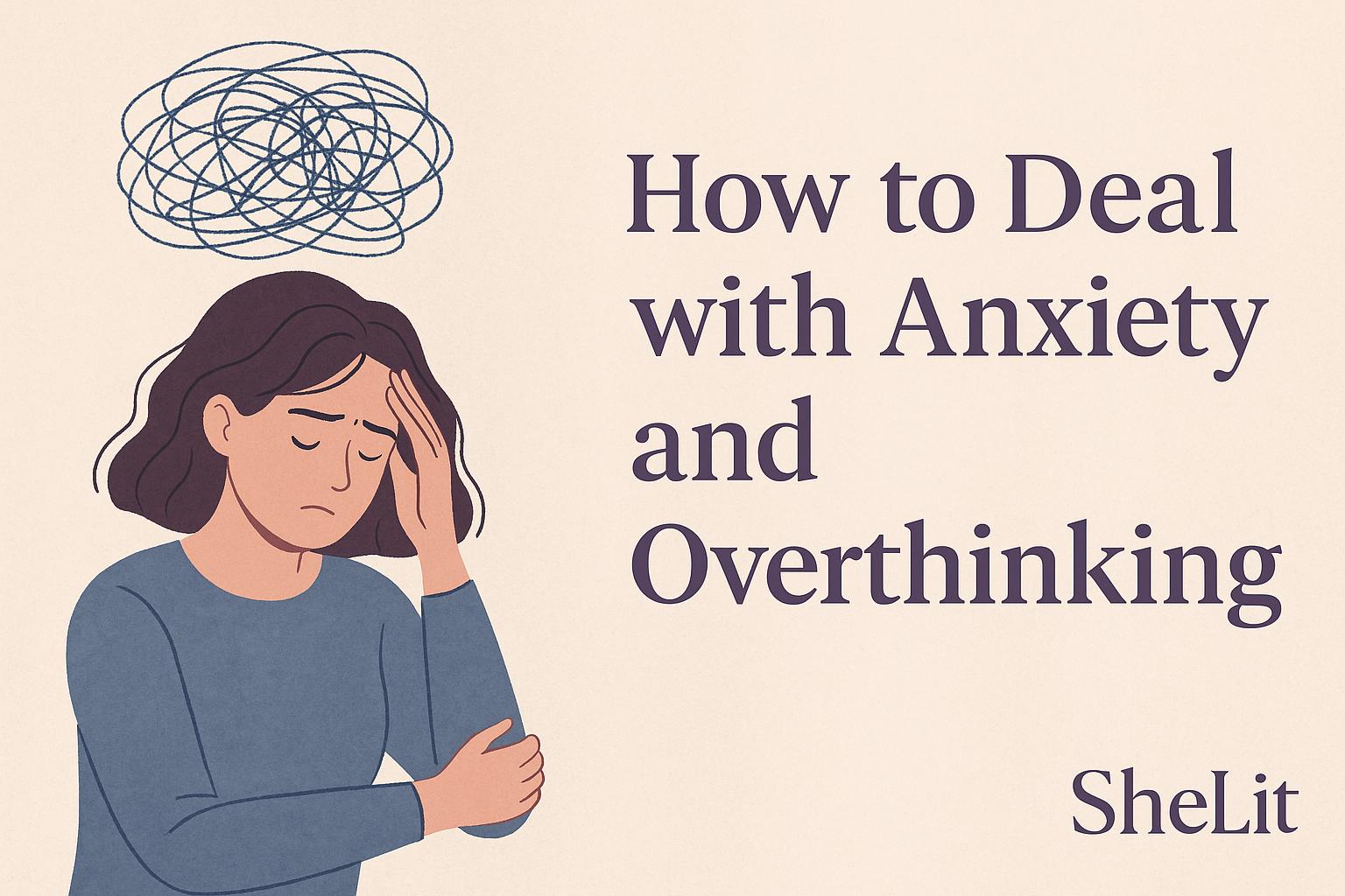 illustration of a young woman overwhelemed with thoughts representing anxiety and overthinking, for shelit.