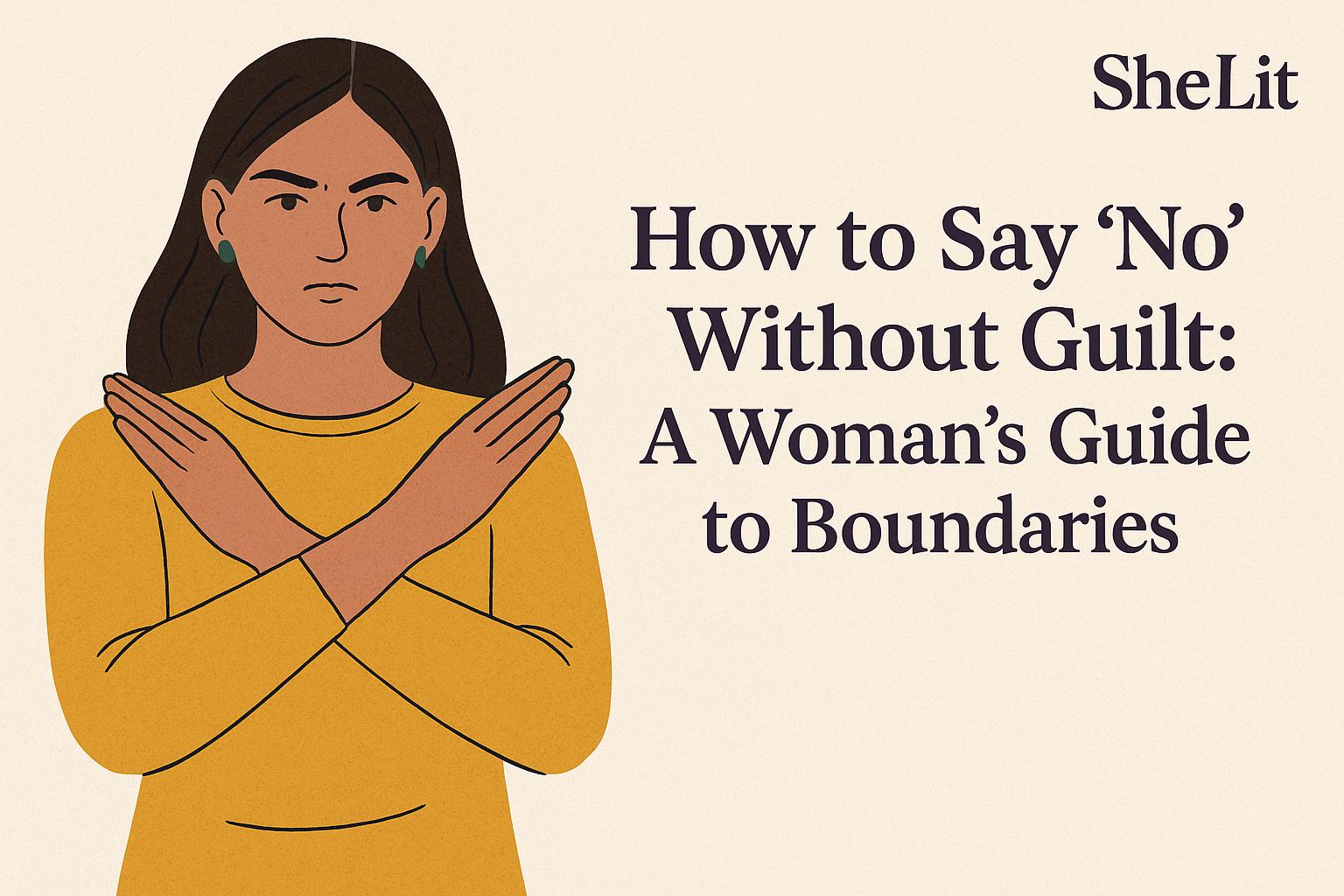 A confident woman crossing her arms to set a boundary, with title " how to say no without guilt" SHELIT