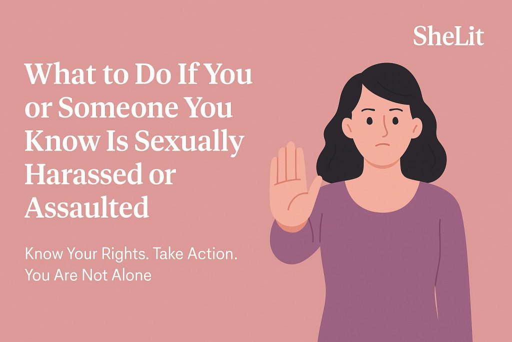 illustration of a woman raising her hand in protest with the title " what to do if you or someone you know is sexually harassed or assaulted and shelit logo