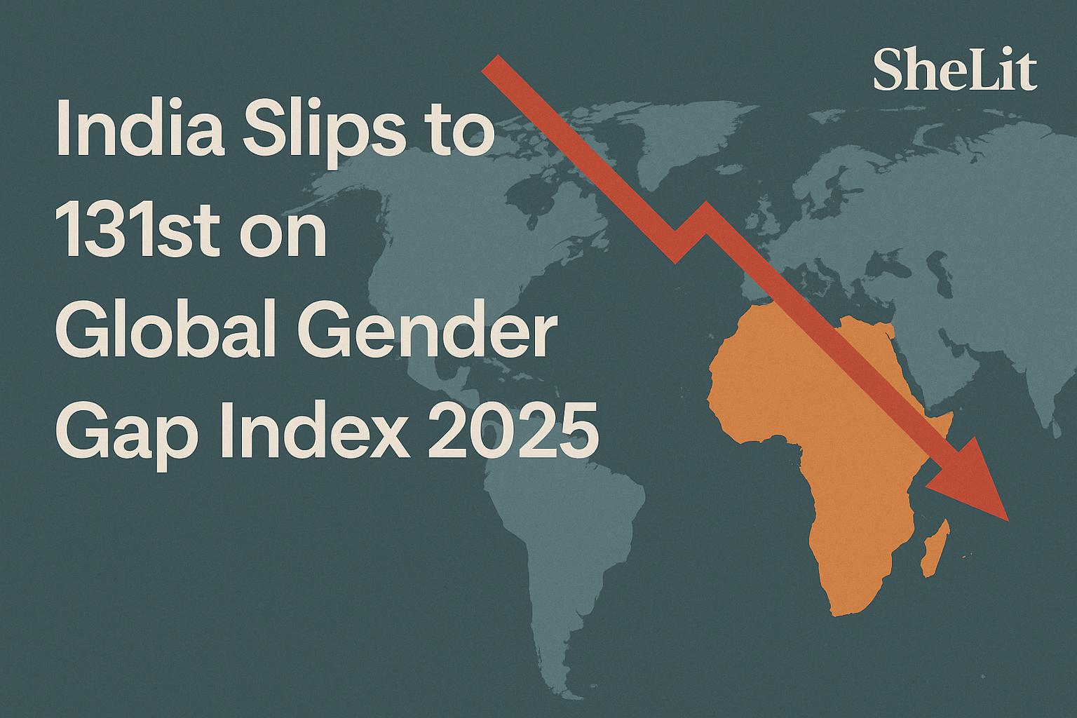 shelit feature image showing india's decline in global gender gap index 2025 with red arrow over world map