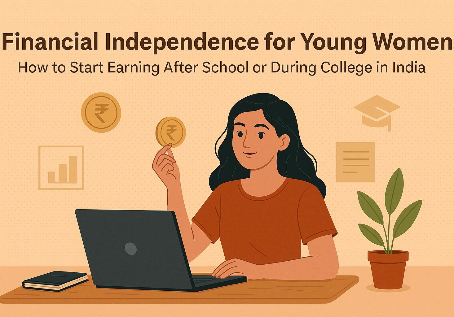 young indian girl learning online with laptop, symbolizing financial independence.
