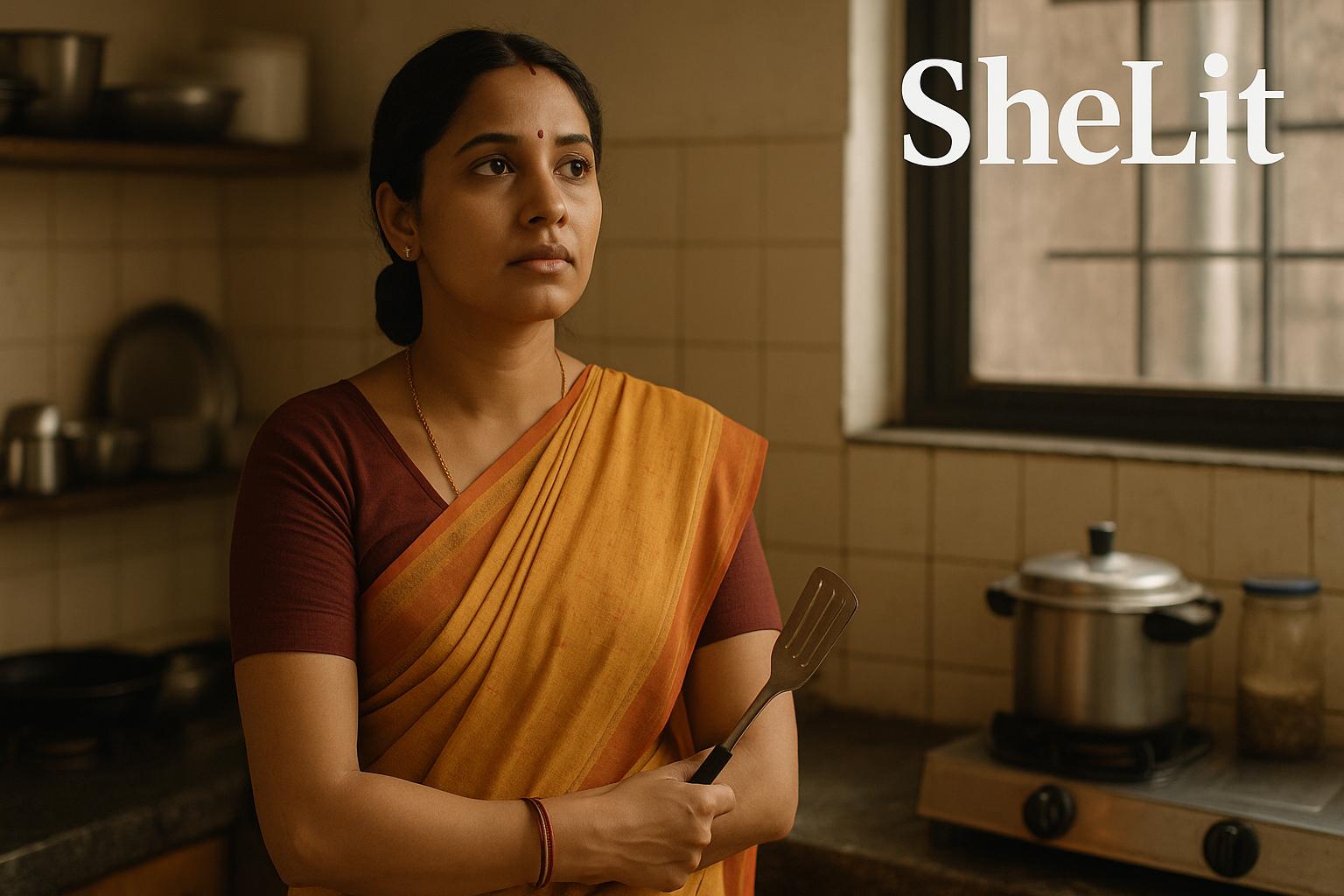 thoughtful indian woman in sareestanding in kitchen- symbolizing the dreams many women leave behind to fit into traditional roles.