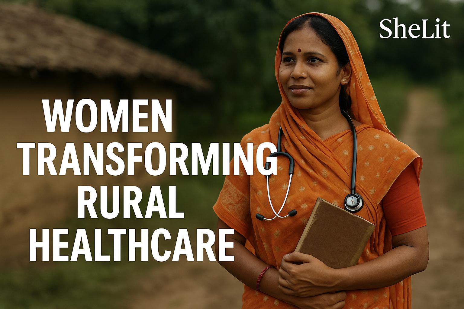 an indian woman health worker in rural area, holding stethoscope and notebook- symbolizing women-led transformation in healthcare.