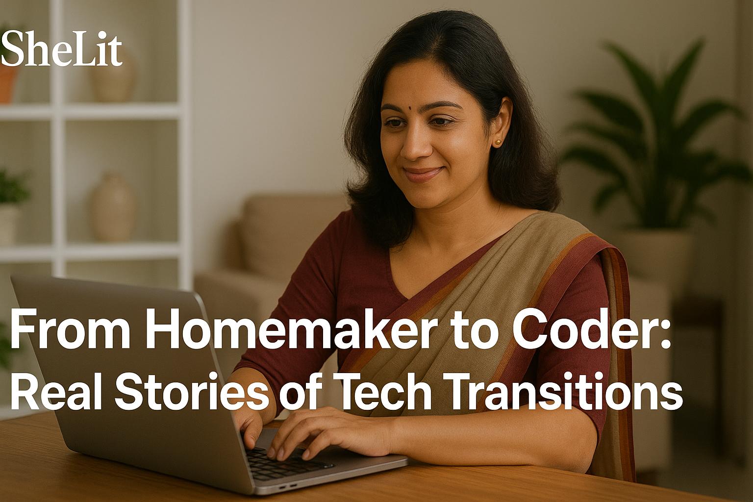 south asian woman coding on laptop - from homemaker to coder story on shelit