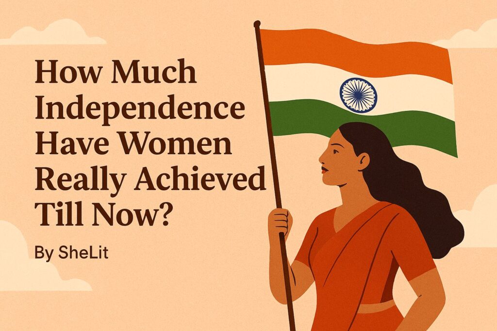 illustration of an Indian women holding national flag- symbolizing women's independence in India