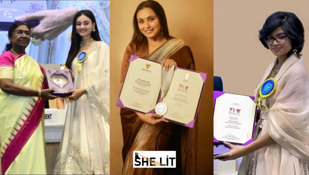 collage of rani mukherjee, janki bodiwala, and other women winners of 71 national film awards, celebrating female excellence in cinema.