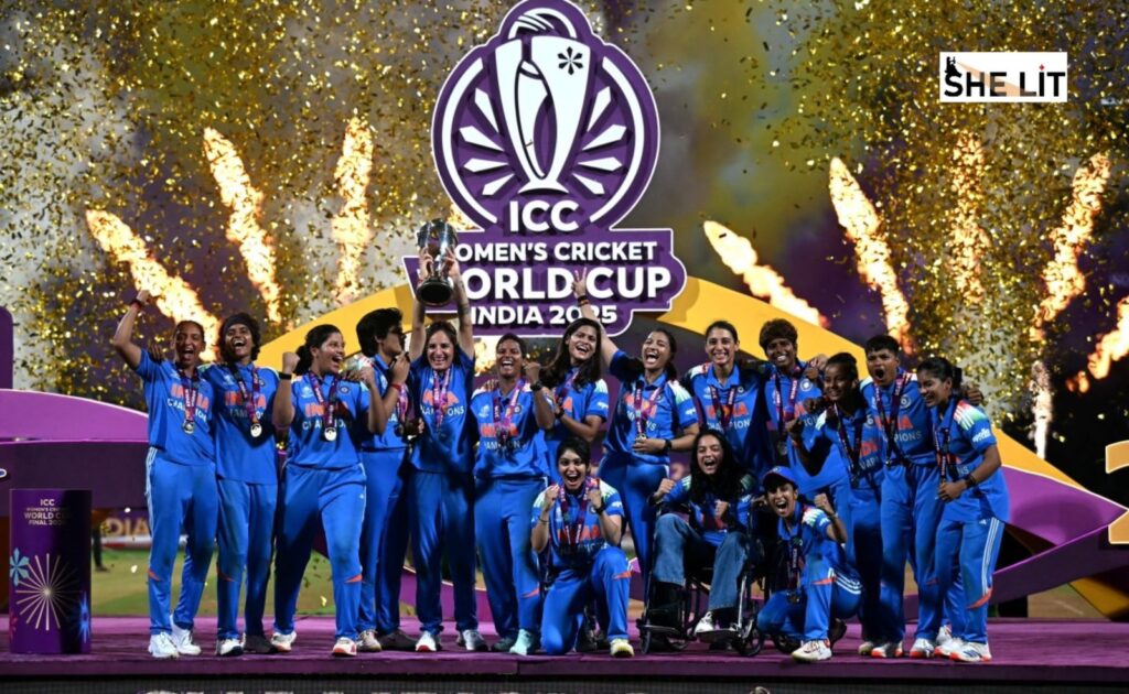 indian women's cricket team celebrating 2025 world cup win in navi mumbai