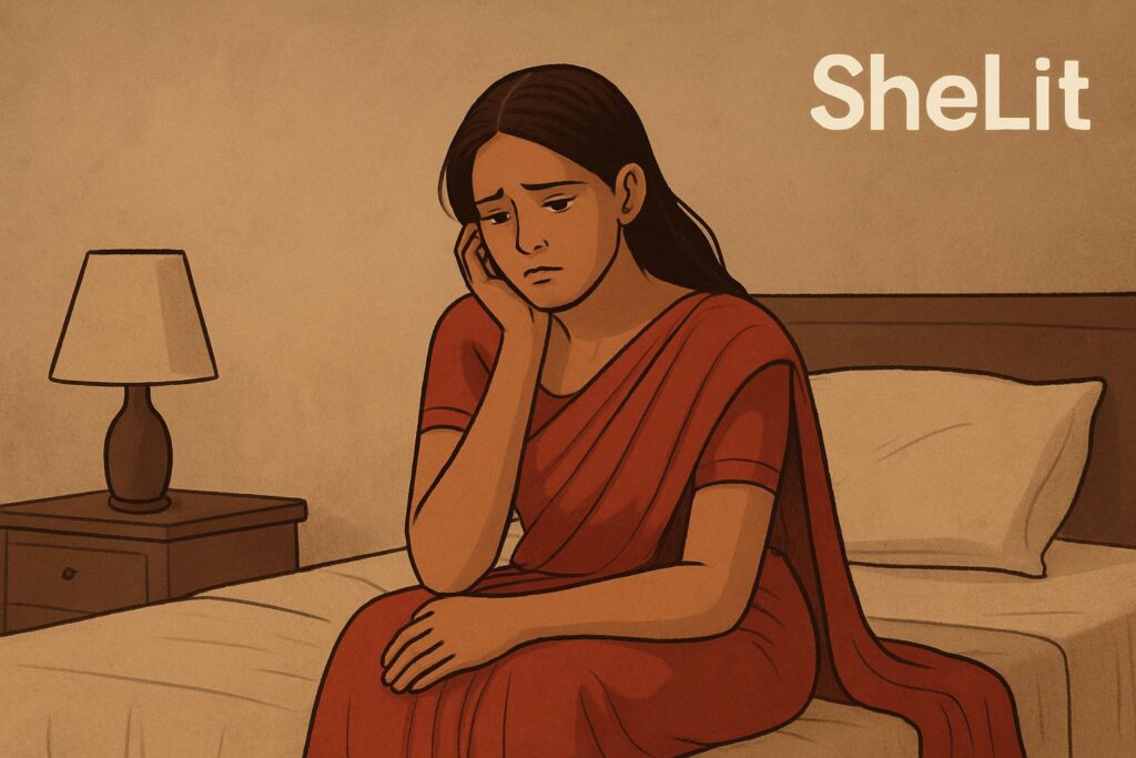 illustration of a lonely women married sitting on bed - shelit
