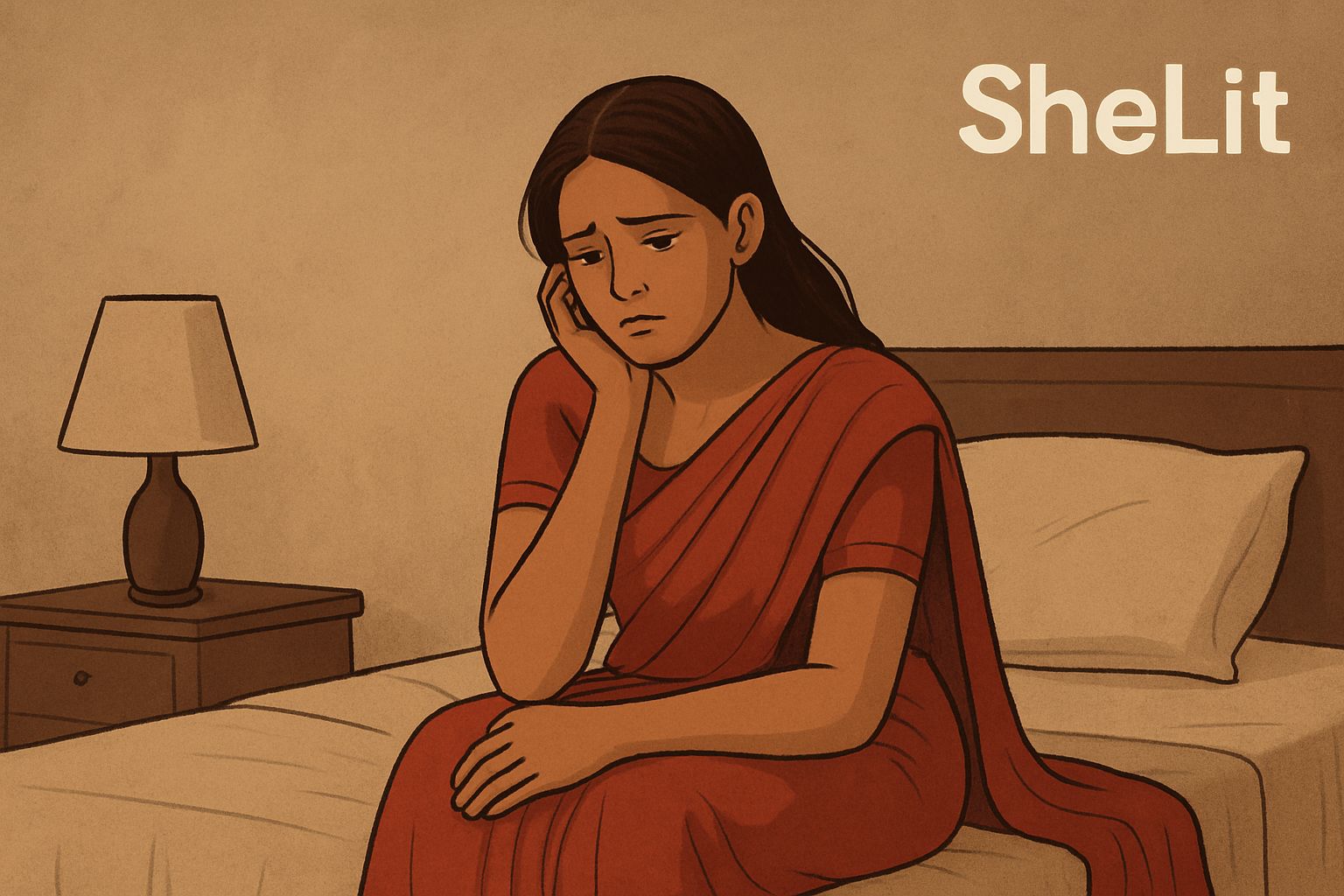 illustration of a lonely women married sitting on bed - shelit