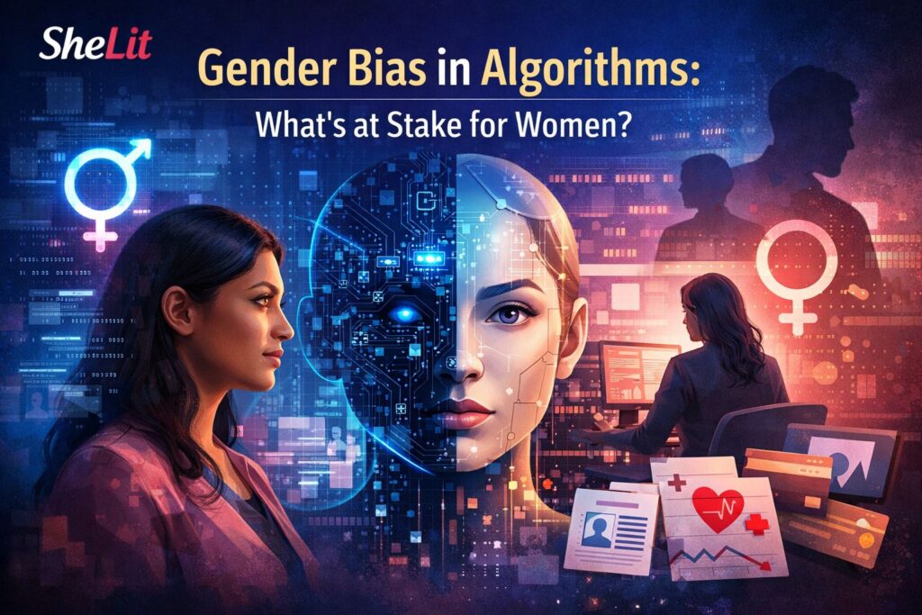illustration showing women and ai systems highlighting gender bias in algorithms