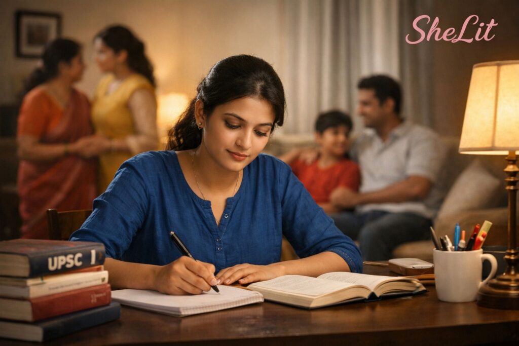 Woman preparing for UPSC at home while managing family responsibilities – SheLit Lit Careers