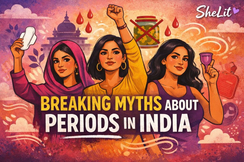 A bold illustrated banner showing three confident Indian women holding a sanitary pad and menstrual cup, with the text “Breaking Myths About Periods in India” and the SheLit logo in the top right corner.