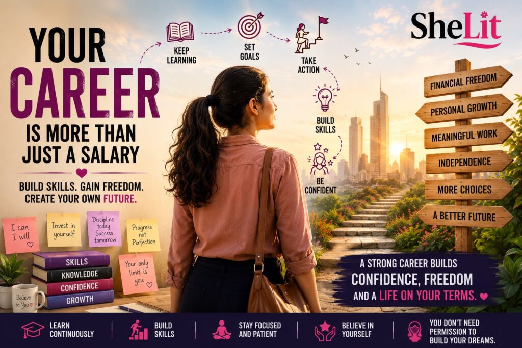 feature image showing a woman building her career through skills, confidence, and financial independence